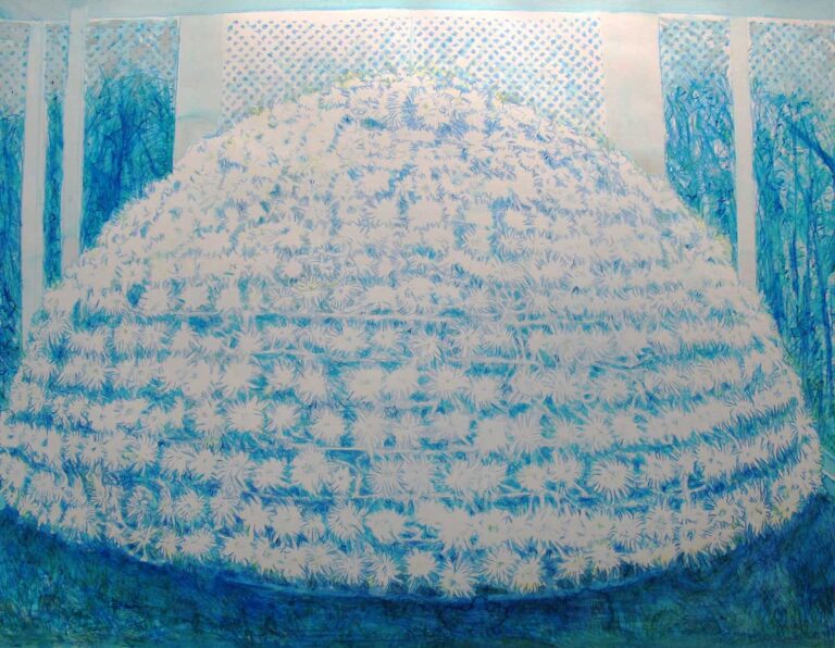 blue chrysantheme arrangment-114x82cm-Dokumentstift Tusche auf Ingres Papier auf Reispapier montiert